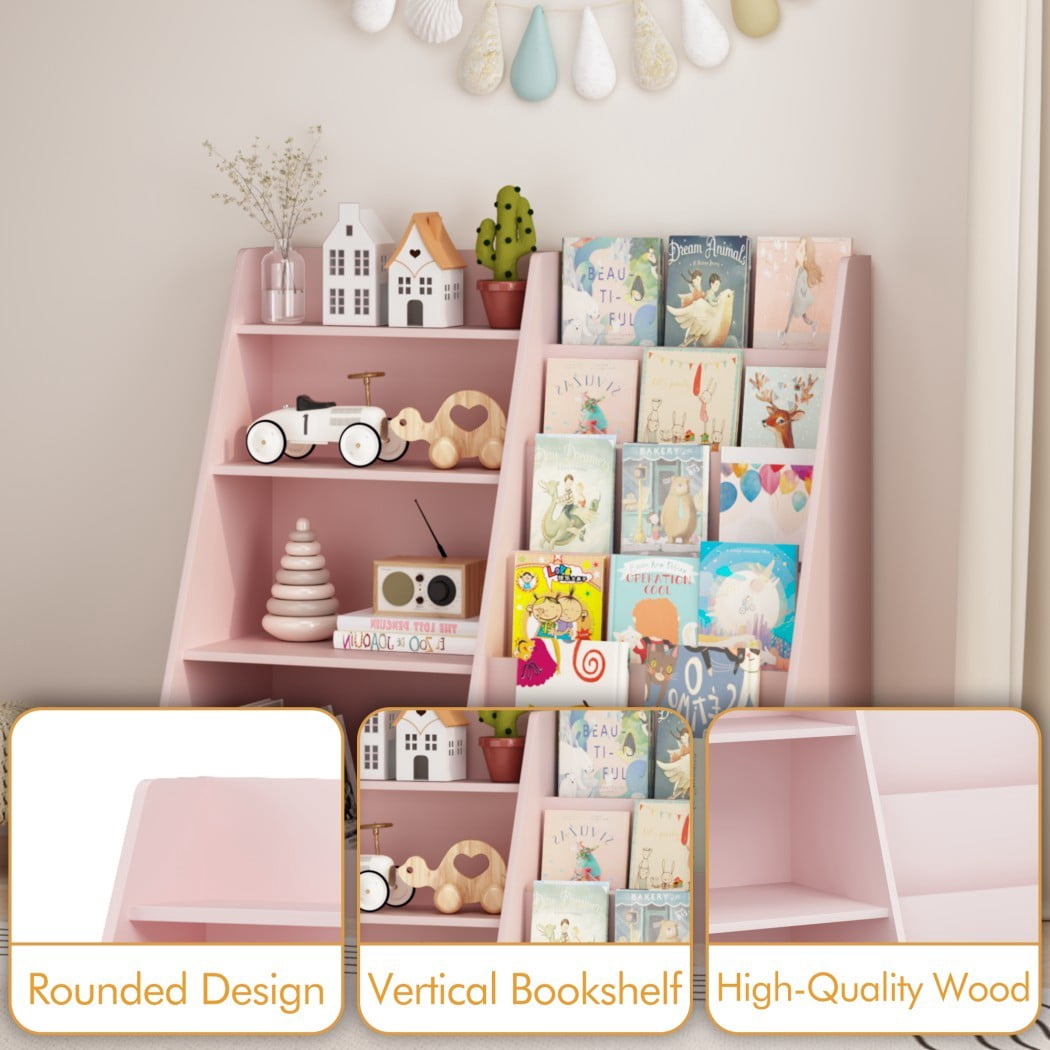 4-Tier Kids Bookshelf and Toy Storage Organizer, Wooden Children's Bookcase with Multi-Level Shelves & Toy Bin, Book Display Stand for Kids Room, Playroom & Nursery, Pink