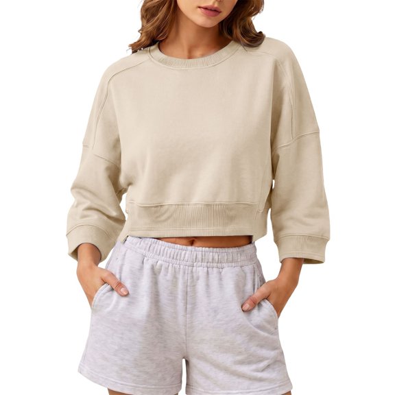 Staron Women's Crop Tops Crew Neck 3/4 Sleeve Loose Casual Short Sweatshirt Lightweight Drop Shoulder Pullover Top Beige XXL