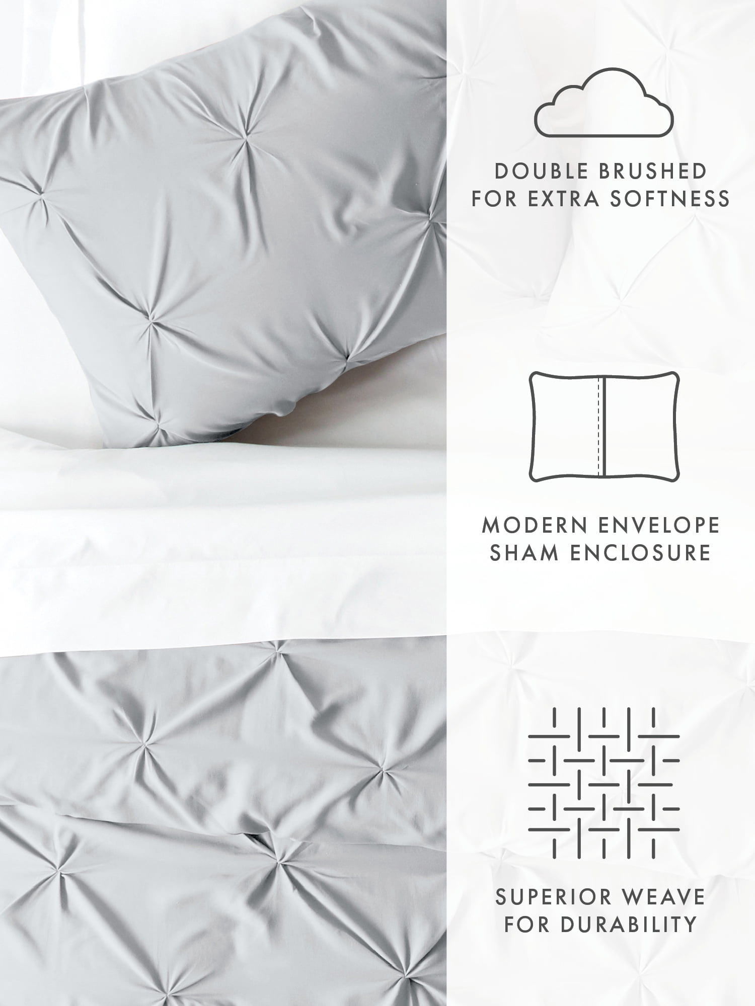 Comfort Canopy - 3 Piece Light Gray Pinch Pleated Duvet Cover Set with Shams for Queen Size Bedding