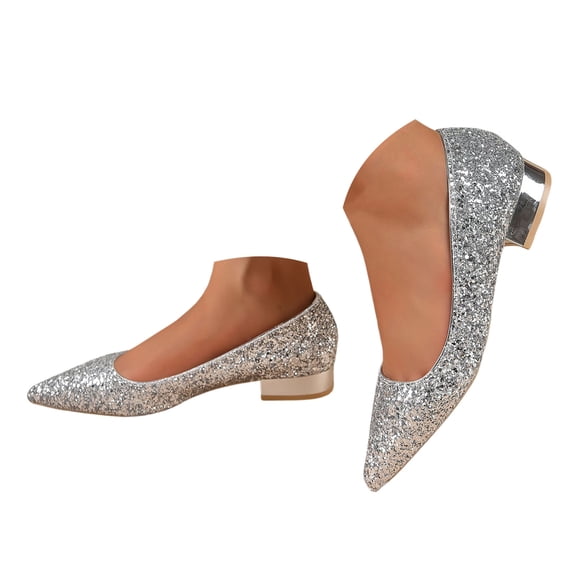 HEWUQI Women's Pumps Point Closed Toe Lightweight Chunky Low Block Heels Comfortable Work Glitter Wedding Dress Shoes Silver Size 7.5