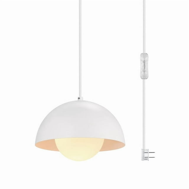 Globe Electric Amelia 1-Light Plug-In Metal Pendant Lighting, Matte White, White Glass Shade, 60345
