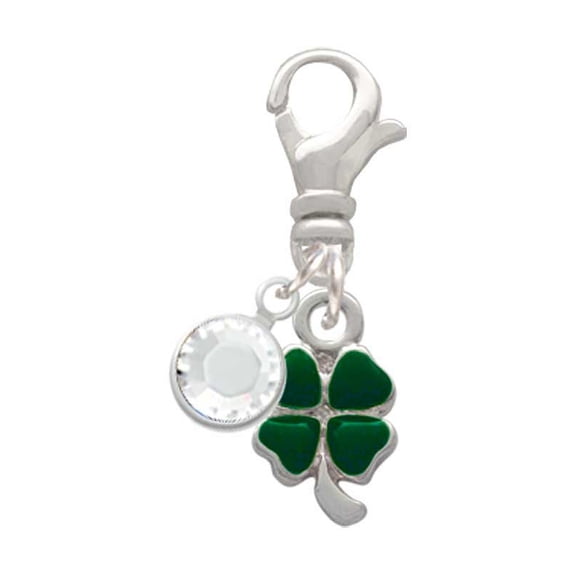Delight Jewelry Silvertone Mini Green Four Leaf Clover with Heart Leaves - Silvertone Clip on Charm with Clear Crystal Drop