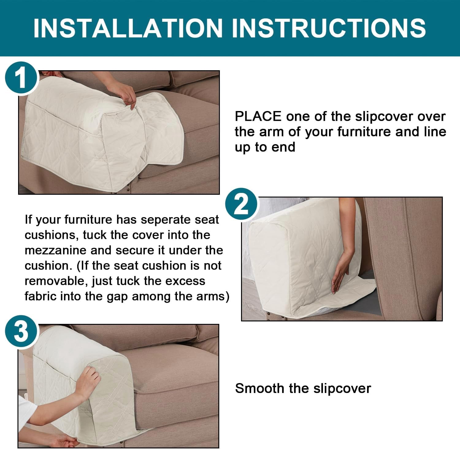 2 Pack Waterproof Armrest Covers for Chairs and Sofas Armrest Covers Couch Arm Covers for Sofa with Side Pocket Anti-Slip Furniture Protector Washable Armrest Slipcovers(Beige)