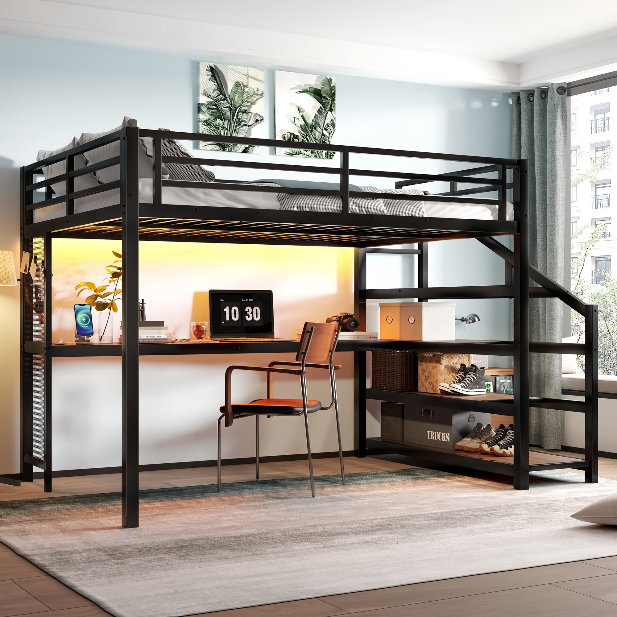 Mintazer Queen Loft Bed with LED Light & Desk and Charging Ports, Metal Loft Bed with Storage Shelves Stairs for Bedroom Playroom Game Room, Black