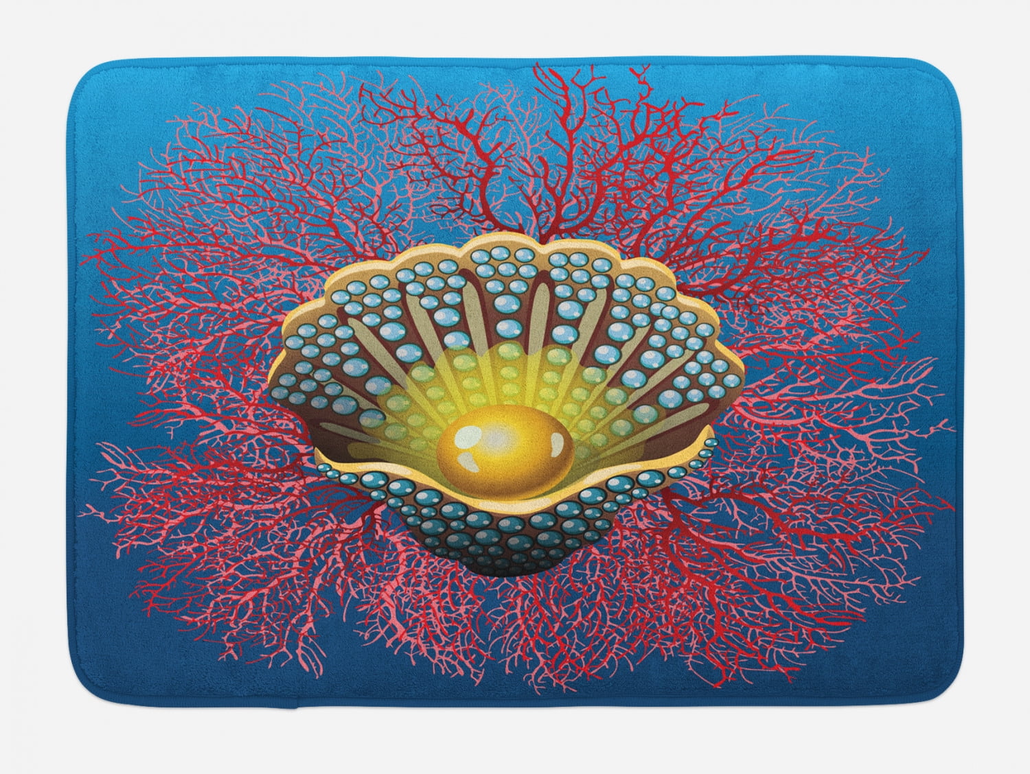 Pearls Bath Mat, Giant Majestic Unique Pearl Mussel and Ivy Coral Deep