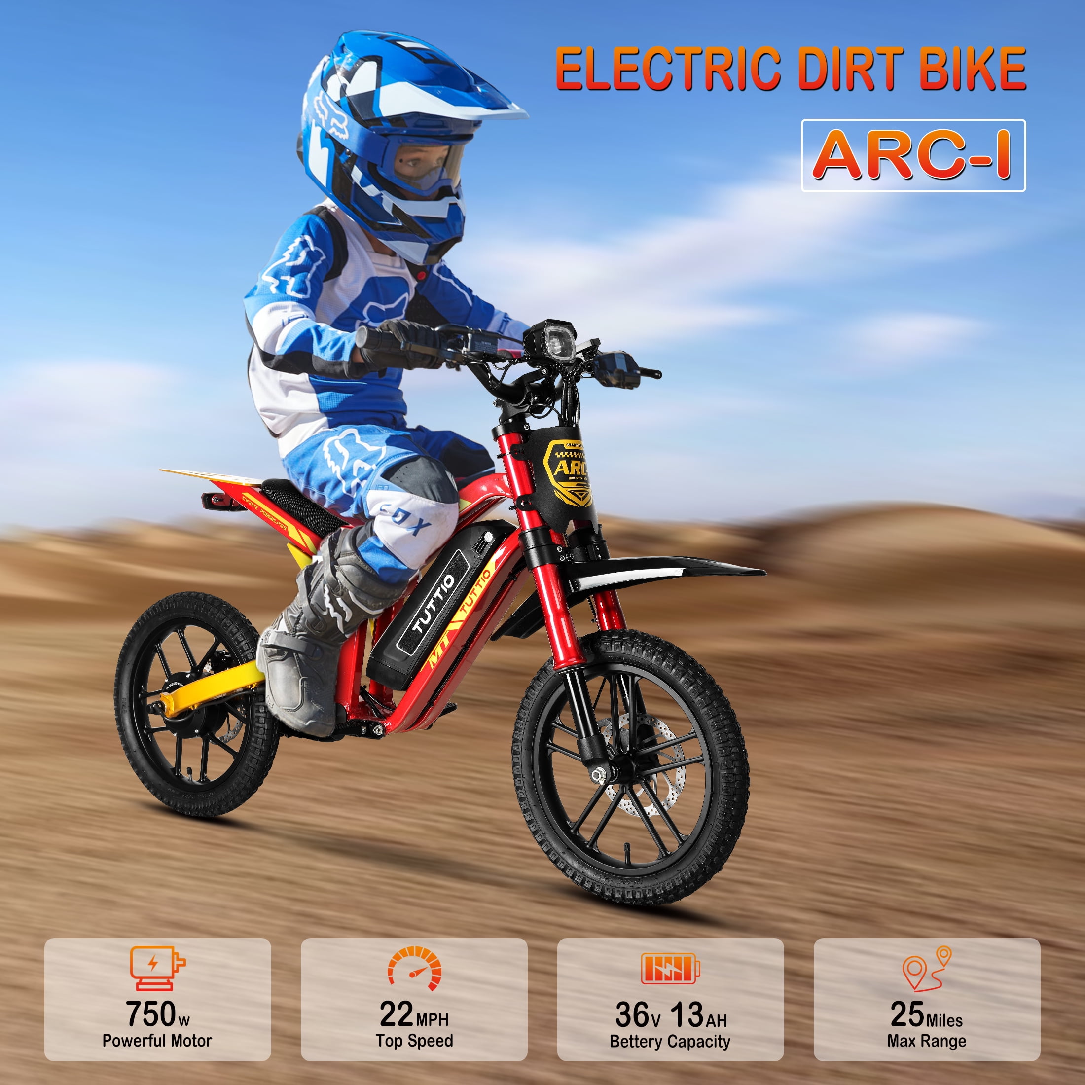 TUTTIO ARC-1 750W Mini Electric Dirt Bike(silver), 5-Speed Modes Electric Motorcycle, 22MPH, 16" Tires, 36V Battery, 25 Miles Range