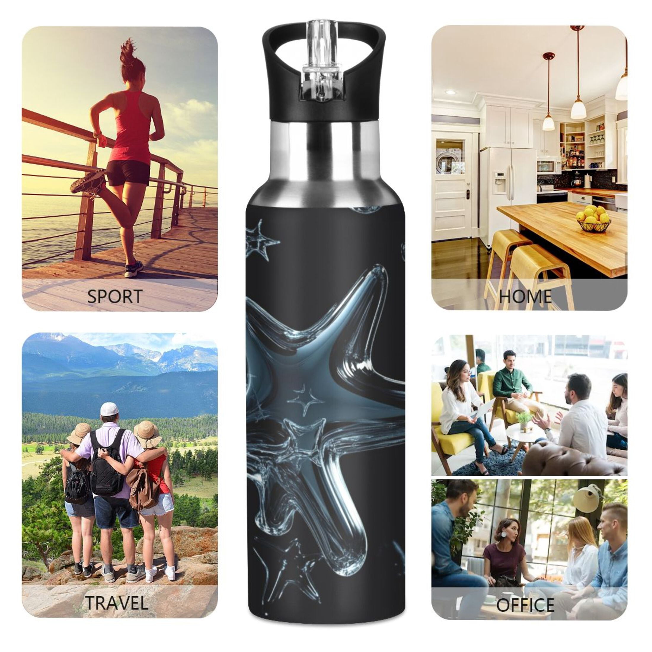 Transparent Glass Stars Sports Bottle with Straw Stainless Steel Water Jug Portable Thermal Cup Leak-proof 1000ML