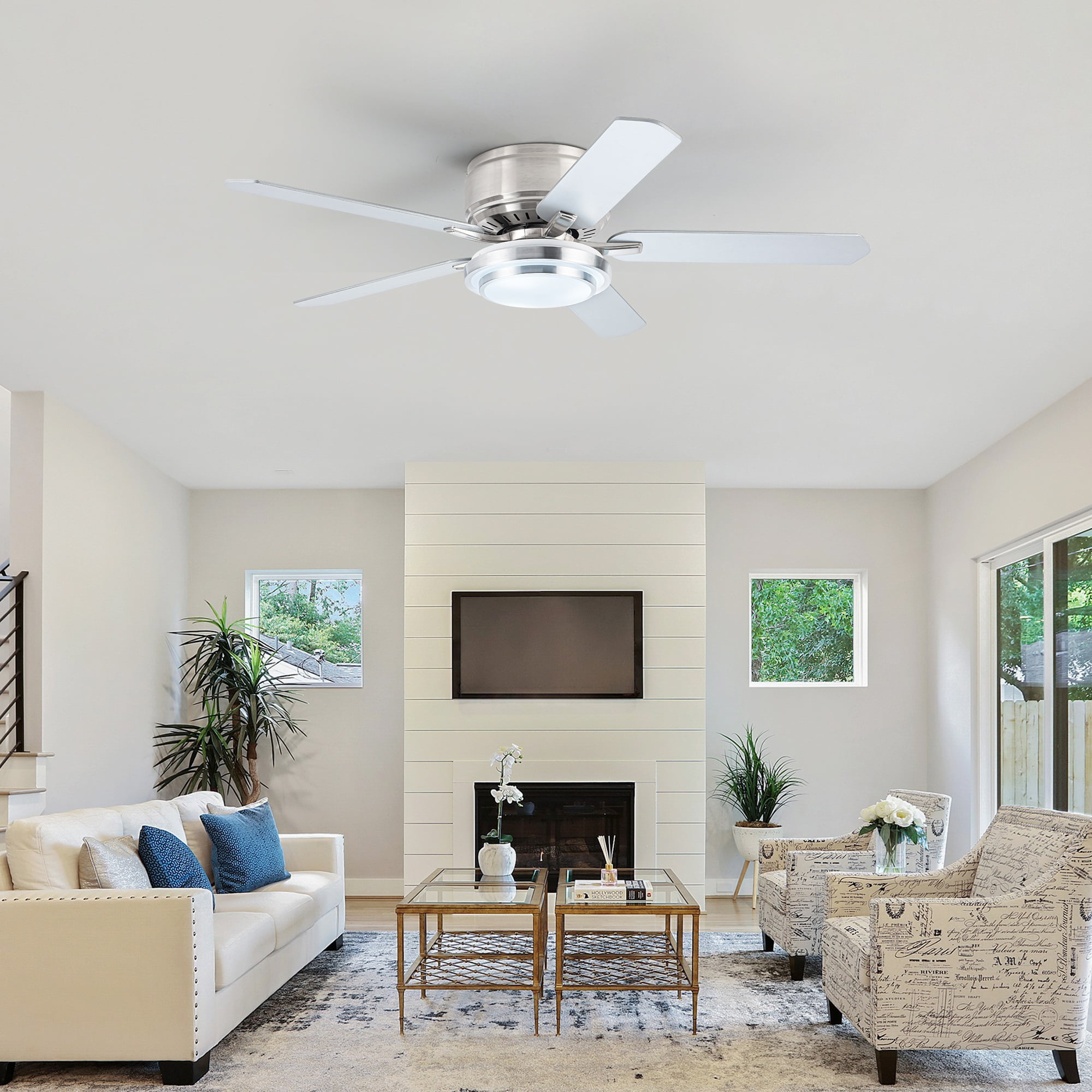 52" Modern Brushed Nickel Flush Mount Smart Ceiling Fan with Dimmable LED Light and Remote