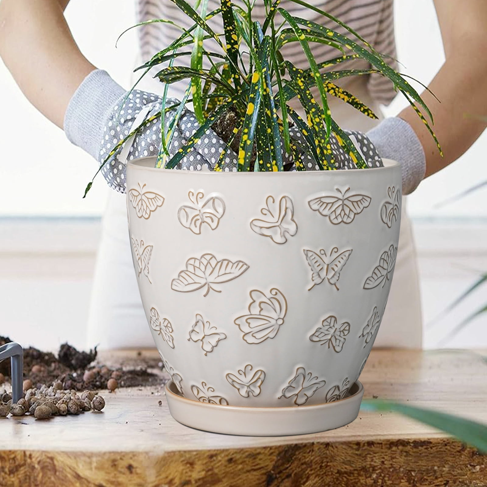 Ordivic 8 inch White Ceramic Planter with Saucer & Drainage, Rustic Decorative Vintage Flower Pots for Indoor Snake Plants,African Violet