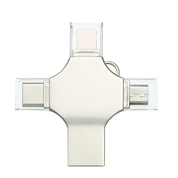 Zinc Alloy 4-in-1 USB 3.0 Flash Drive, 16GB/32GB/64GB/128GB/256GB Optional, 65-86MB/s Read & 28-38MB/s Write Speed, Mini 4.7x4.7x0.4cm Design, Compatible with Type-C, Micro USB, iOS Devices &
