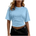 thumbnail image 2 of Babysbule Women's Solid Color Round Neck Short Sleeve T-Shirt Ruched Side Cropped Top Casual Fashion Base Layer Tee for Spring Summer Daily Wear, 2 of 7