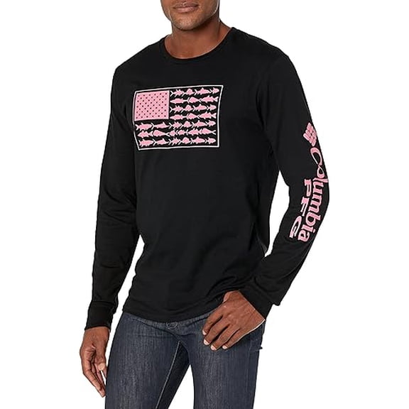 COLUMBIA LONG SLEEVE TEE SHIRT - SIZE: MEN M - BLACK WITH SORBET