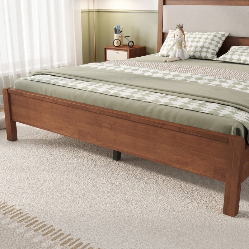 Queen Size Wooden Bed Frame with Upholstered Headboard, Low Profile Platform Bed with Central Support Legs