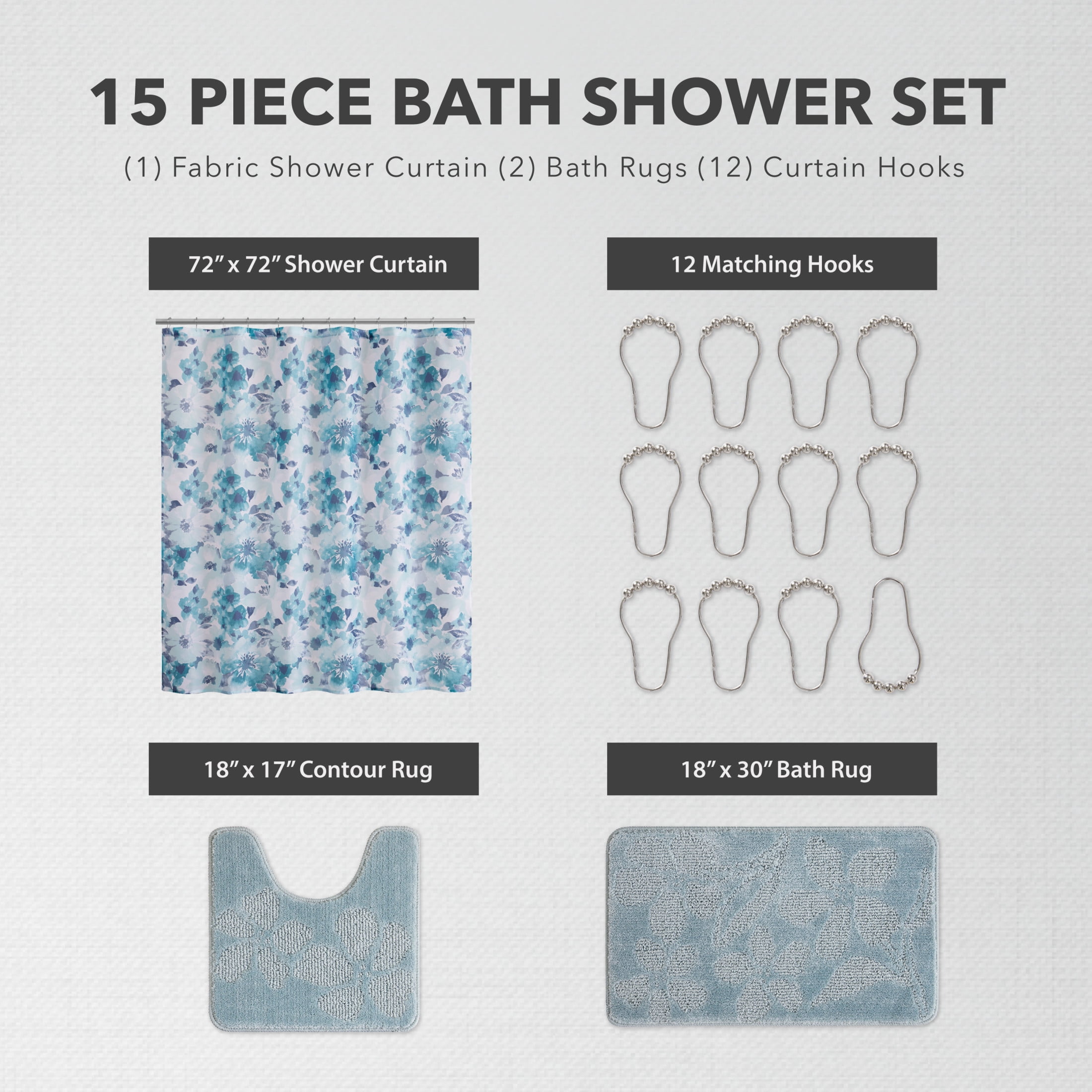 CHI Connolly Shower Curtain with Hooks and Rugs Modern Washable 72" W x 72" L 15-Piece Set