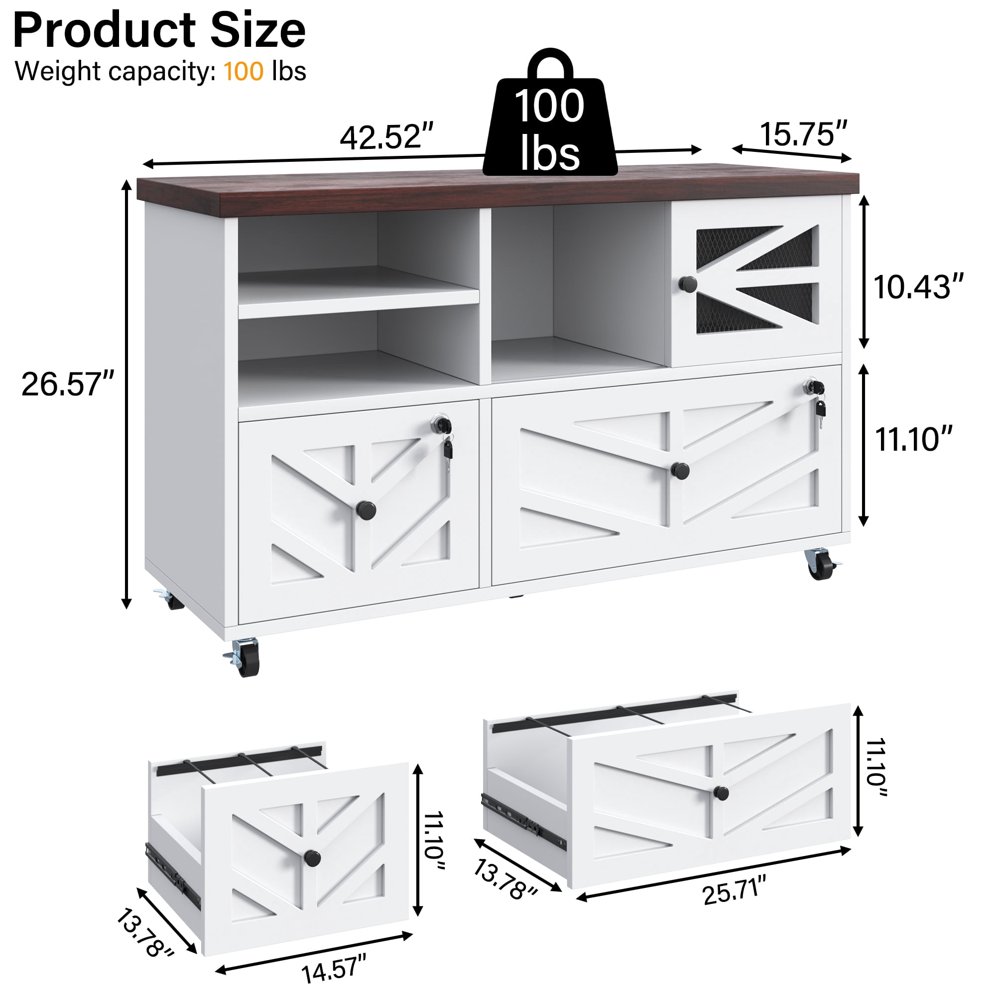 File Cabinet with 2 Lockable Drawers, ETASE Farmhouse Filing Cabinet with Sliding Door and Storage Shelf, Print Stand for A4/Letter, Storage Cabinet for Home Office, White