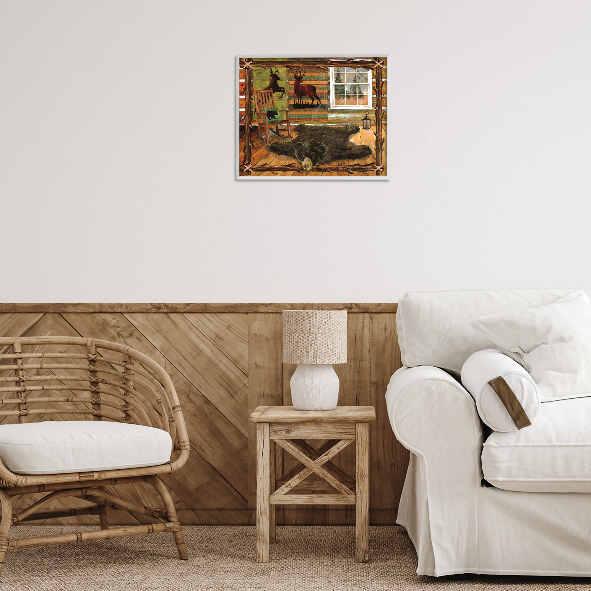 Stupell Industries Rustic Cabin with Border Animals & Insects Painting White Framed Art Print Wall Art, 20 x 16