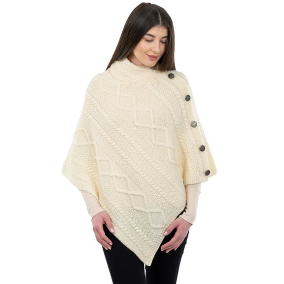 SAOL Aran Cable Knit Cowl Neck Poncho 100% Soft Merino Wool Women's Irish Cape with Side Buttons from Ireland
