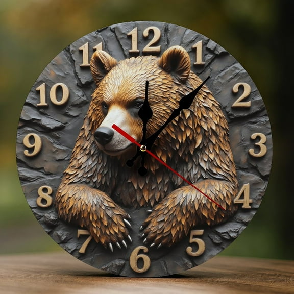 Wall Clock Decorative - Rustic Brown Bear-A Print 2D Vintage Wall Clocks Battery Operated Silent Non-Ticking for Bedroom, Living Room, Kitchen, Office, Classroom, 10 Inch