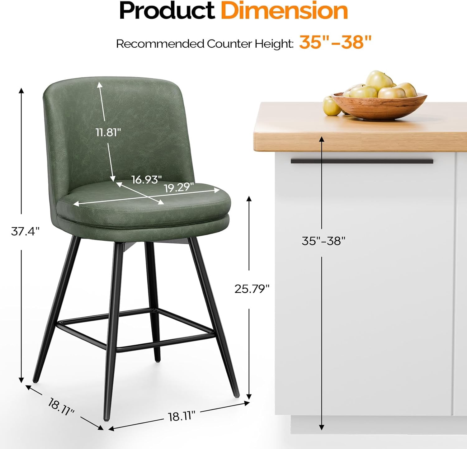 VINGLI 26" H Swivel Barstools Set of 2, PU Faux Leather Upholstered Counter Height Bar Stool with Back, Kitchen High Chairs with Cushion Round Seat, Metal Legs, White