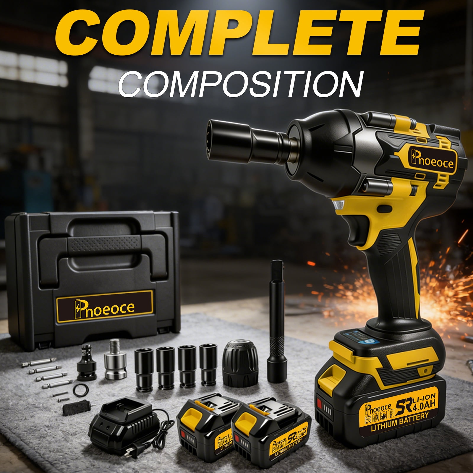 Pnoeoce 850N.m Brushless Cordless Impact Wrench,1/2 Impact Gun,20V High Torque,3200RPM with 2x 4.0Ah Batteries and 4 Sockets Included