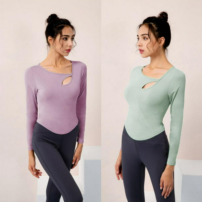 PRAETER Women's Sports Fitness Yoga Long Sleeves With Chest Pad Sexy Hollow  Tight Fitness Clothes Running Sports Top Casual Shirt