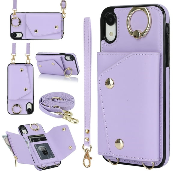 Crossbody for iPhone XR Phone Case for Women, Wallet Case with Credit Card Holder Shoulder Strap & Wrist Lanyard Shockproof Purse Back Flip 360 Ring Holder Kickstand Case,Purple