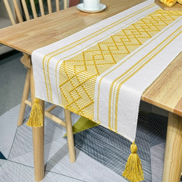 Granjero Gordo 1 pieza hecha a mano de algodón y lino con borlas, mantel amarillo para mesa de té, cubierta para gabinete, toalla, bandera para mesa de té, 180 x 35 cm
