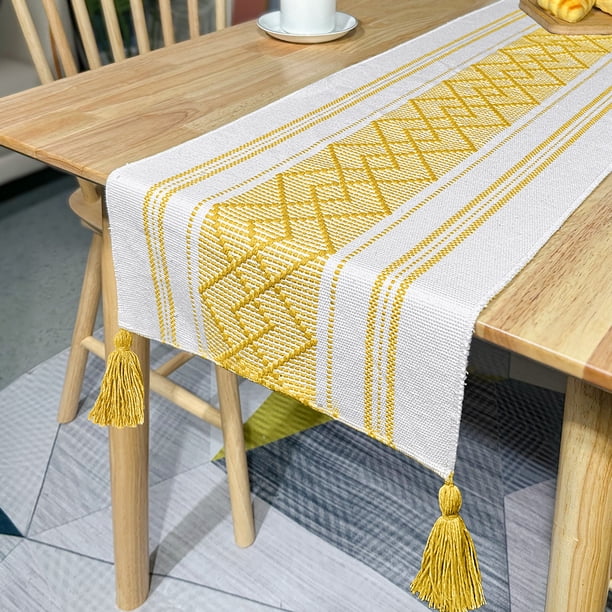 Nvzi Mantel de lino y algodón con borlas hecho a mano, mantel para mesa de té, mantel para mesa de té, mantel para mesa de té (amarillo, 330 x 35 cm)