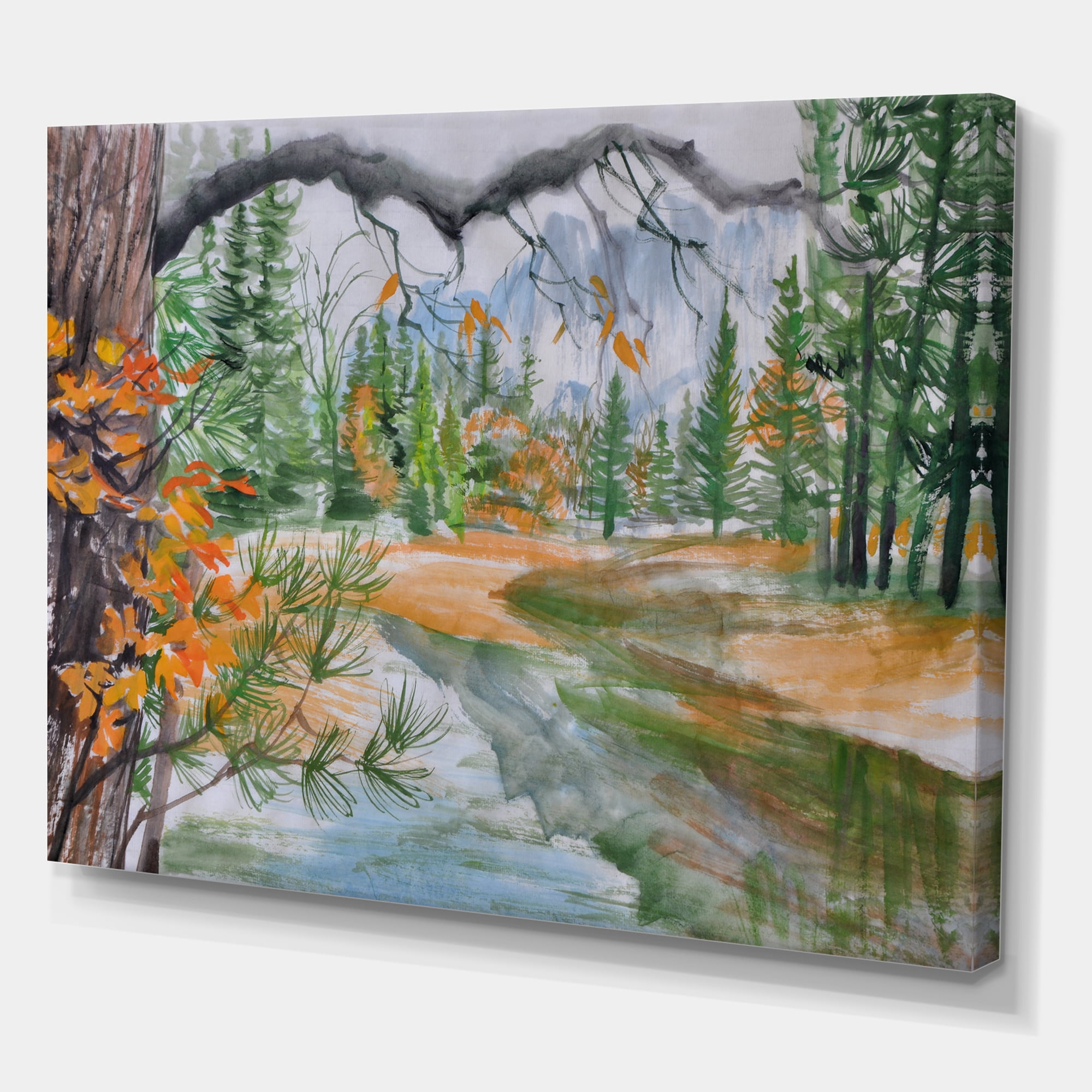 Designart ' Trees With River In Autumn Forest ' Lake House Canvas Wall Art Print