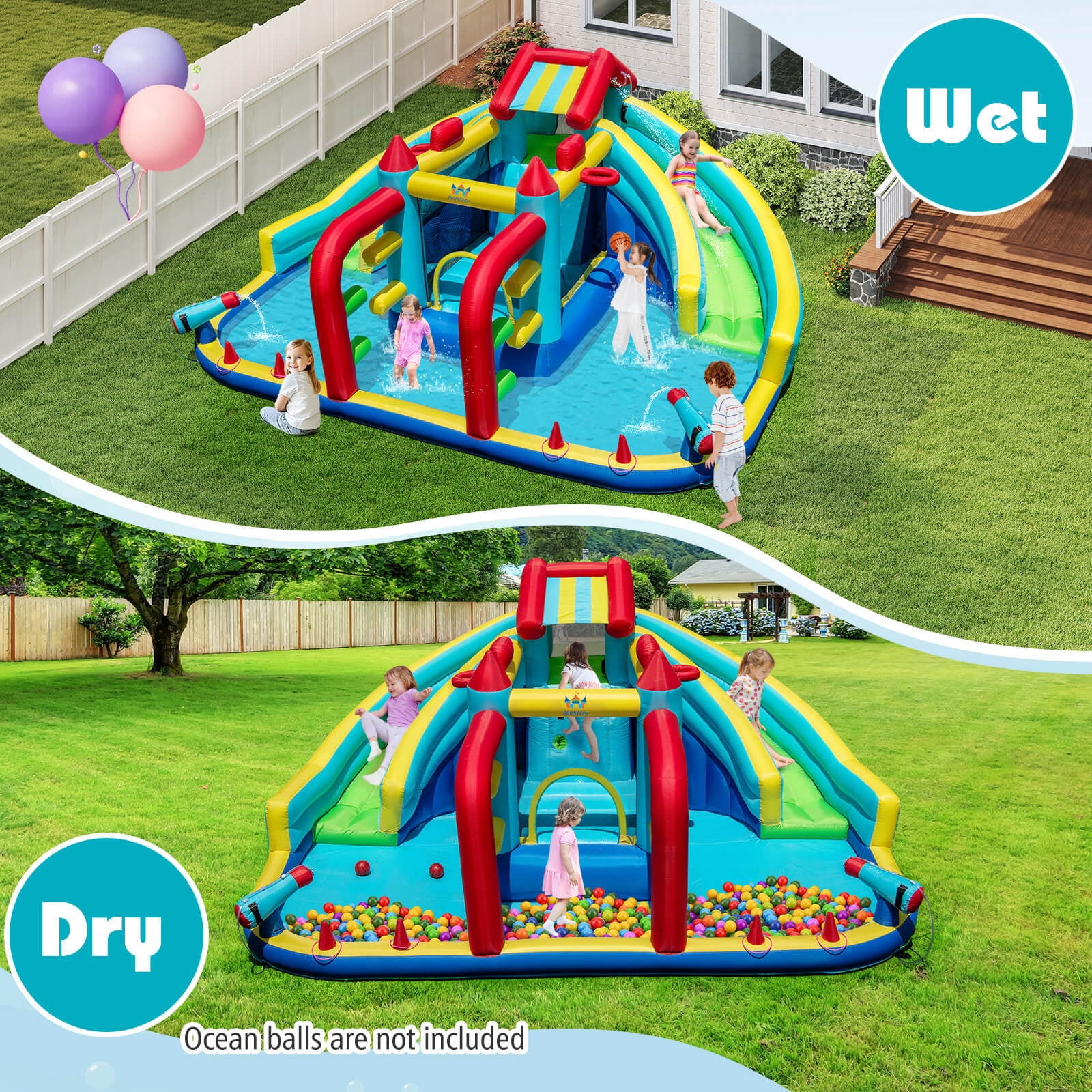 Costway Inflatable Water Park with Climbing Wall Splash Pool Water Cannons 750W Blower