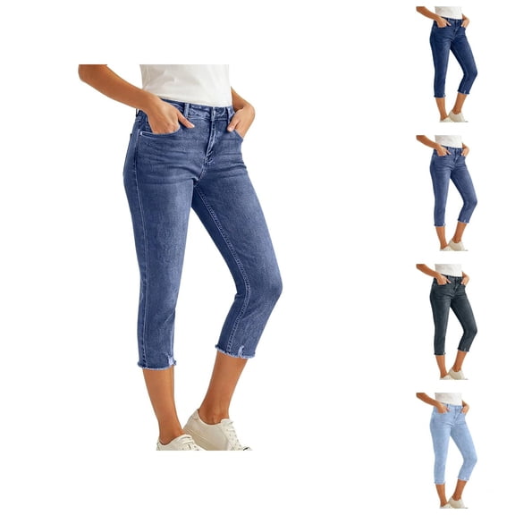 Capri Jeggings for Women High Waisted Slim Fit Stretch Distressed Denim Capris with Pockets Cropped Jeans