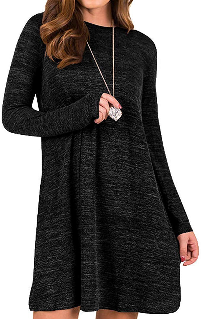Tunic Dresses for Women,Lady Long Sleeve O Neck Casual Solid Short Shirt Dress Loose T-Shirt Dress for Work Polyester 