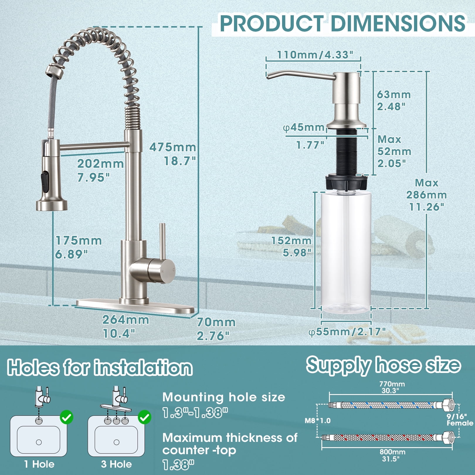 Wowkk Kitchen Sink Faucets with Pull Down Sprayer and Soap Dispenser, 304 Stainless Steel Single Handle Kitchen Faucet, 2 Water Modes with Deck Plate for Laundry Utility Camper, Brushed Nickel