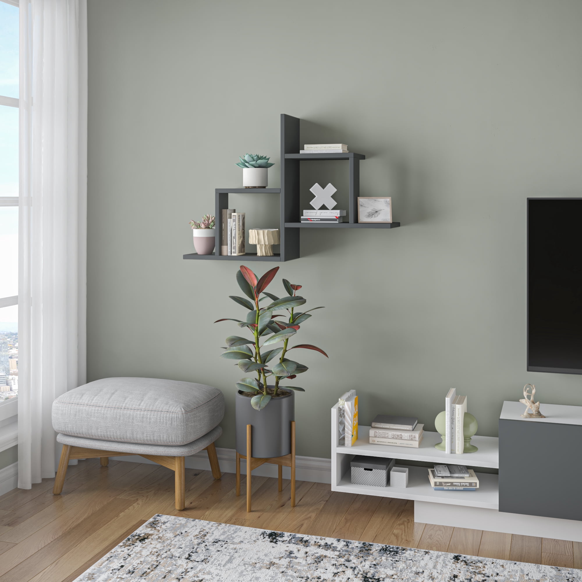 Ada Home Decor Furniture 33.86" 2 Tier Anthracite Webb Modern Wall Shelf