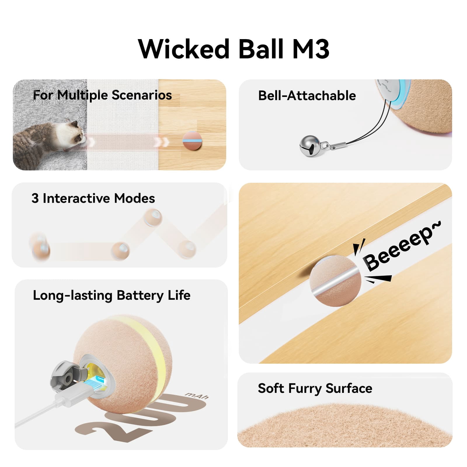 Cheerble Wicked Ball M3 Automatic Ball & Interactive Cat Toy with Bell, Apricot Beige