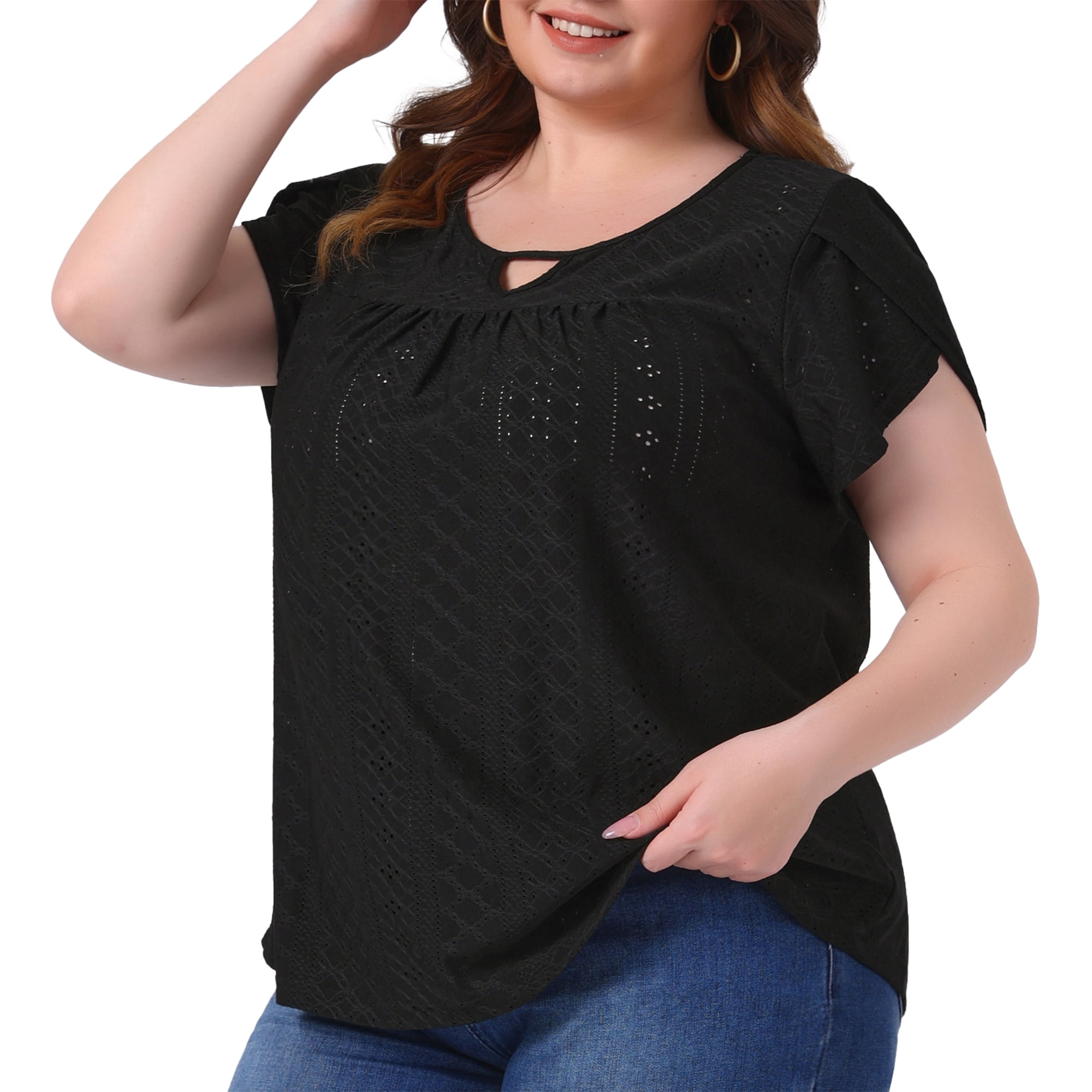 Women's Plus Petal Sleeve Keyhole Neck Loose Fit Casual Top for Women 3X Black