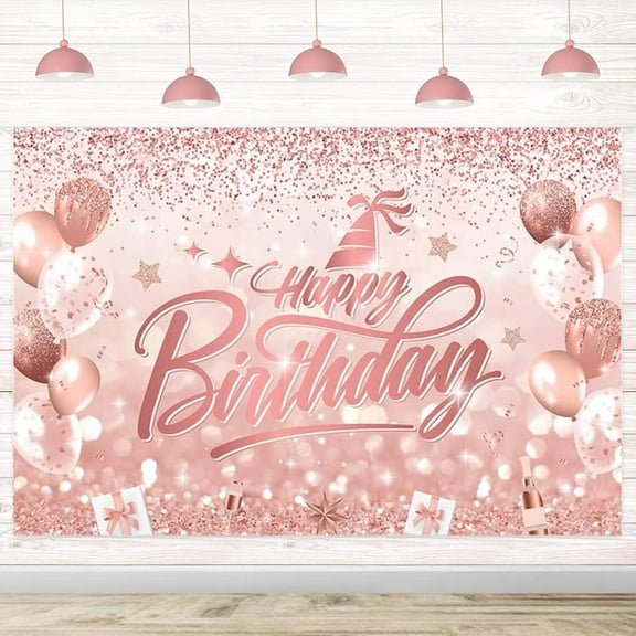 7x5FTRose Gold, White, Pink Happy Birthday Banner for Girls Balloons Photography Background Kids Birthday Party Decoration Cake Table Banner Props