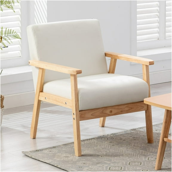 JERFIT Mid-Century Modern Accent Chair, Beige Linen Upholstered Armchair with Solid Wood Frame for Living Room, Bedroom