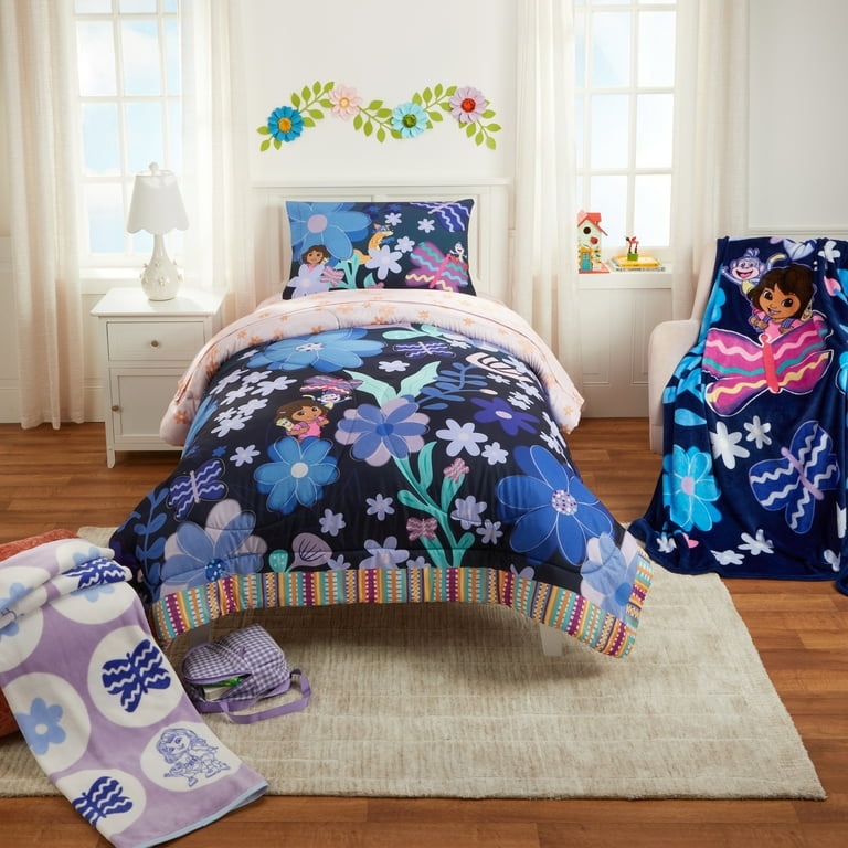 Dora Kids 2 Piece Blue Pink Floral Reversible Comforter and