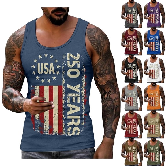 Vamuko 250th Anniversary Shirts Men Sleeveless American Flag 1776 Shirt Patriotic Graphic Cut Off Tanks We the Peaple Oversized Tees Black 3XL