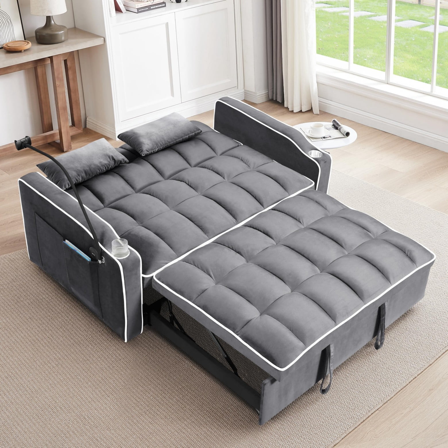 55" 3 in 1 Convertible Sofa Bed with Phone Holder, Loveseat Couch with Pull Out Bed, Space-Saving Apartment Sofa, Dark Gray
