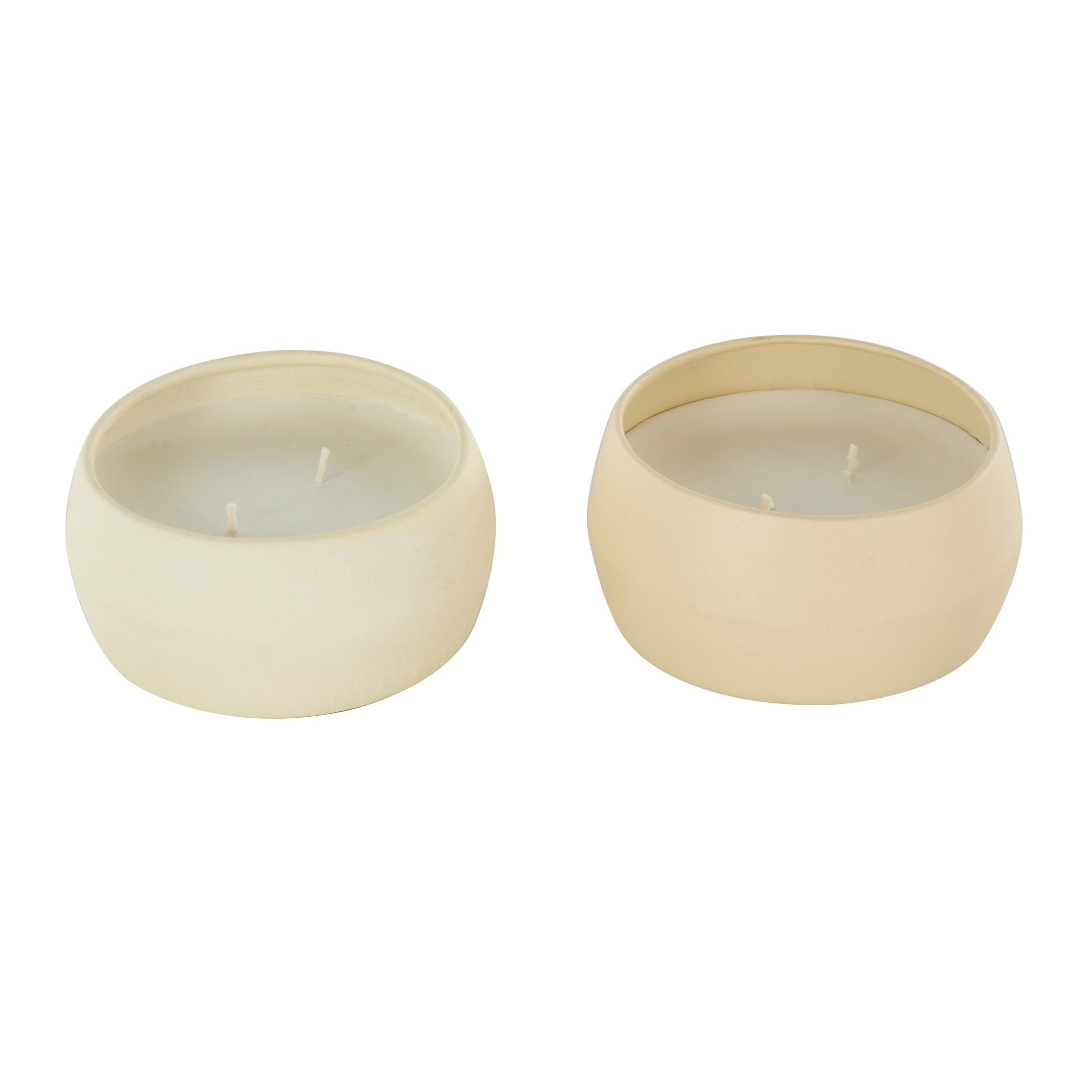 DecMode 2 Holder Beige Metal Fresh Cotton / White Tea & Ginger Scented Textured 9oz 2 Wick Candle with White Wax, (Set of 2)