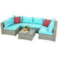 thumbnail image 2 of 7 Piece Outdoor Deck Furniture Sets with 6 Rattan Wicker Chairs, Coffee Table, All-Weather Patio Conversation Set with Blue Cushions for Backyard, Porch, Garden, Poolside, LLL1296, 2 of 8