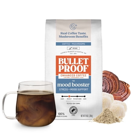 Bulletproof Mood Booster Mushroom Coffee Grounds with Lion's Mane, Ashwagandha & Reishi, Medium Roast for Focus & Mood Support, 10 oz