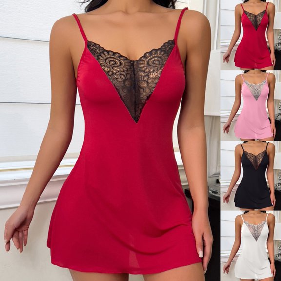 CQXIDFH Women Lace V-Neck Slip Nightgown Floral Lace Spaghetti Strap Sleep Dress, Soft Mini Chemise Lounge Dress for Bedroom Honeymoon Date Night Wear, Sizes S-XL Red