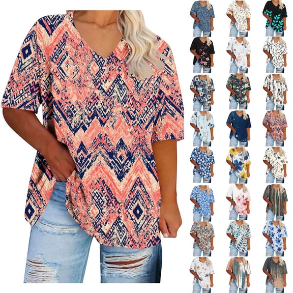 Women tshirts Sawvnm Women's Plus-Size V-Neck Short Sleeved Printing Base Shirt XL