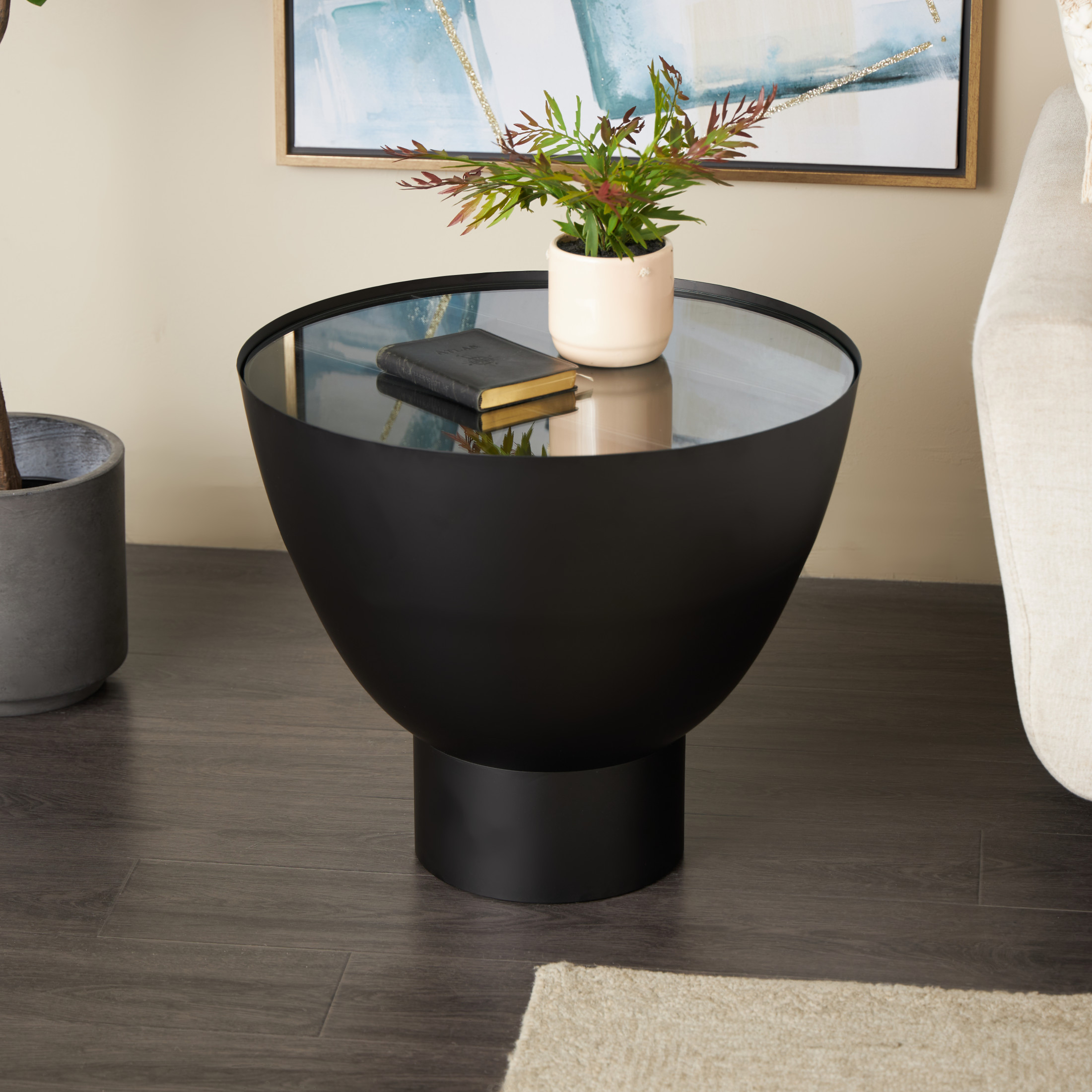 DecMode 22" x 19" Black Metal Geometric Accent Table with Glass Tabletop and Elevated Base, 1-Piece