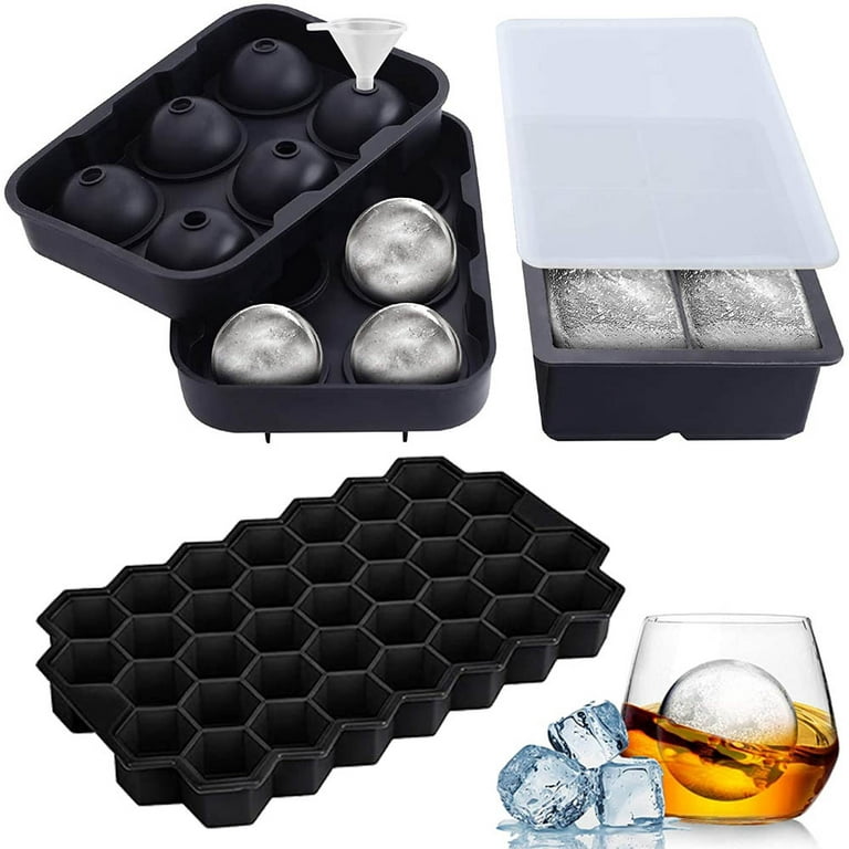 SKYCARPER Ice Cube Trays (Set of 3), Silicone Sphere Whiskey Ice Ball Maker with Lids & Large Square/Small Hexagonal Ice Cube Molds for Cocktails & Bourbon 