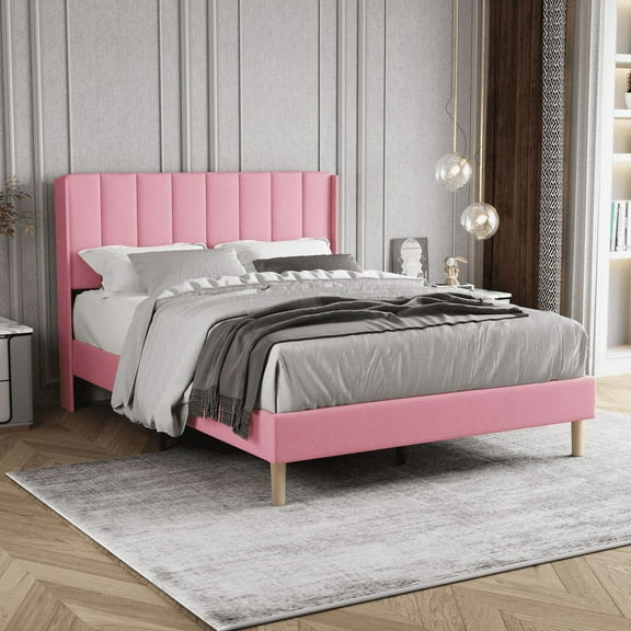 AUFANK Full Bed Frame Upholstered Platform with Wooden Slats, Noise-Free, Pink