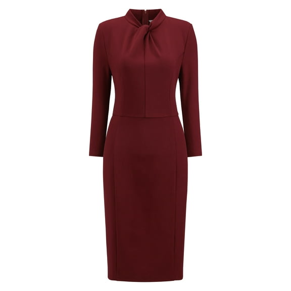 DARING DIVA 3/4 Sleeve Twist Mock Neck Office Work Knee Length Dress S Dark Red